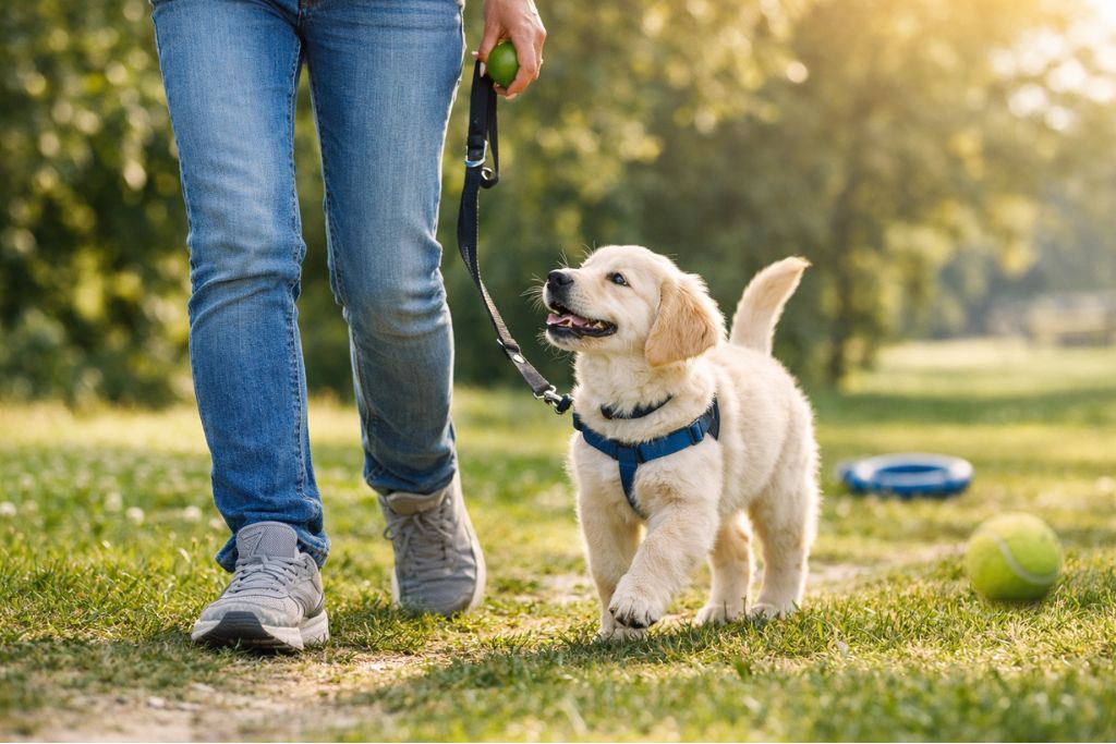 puppy walking on a leash with its owner outdoors