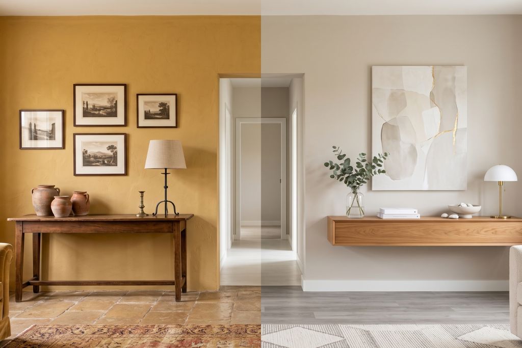 Side-by-side comparison of an outdated yellow-painted room and a modern neutral-colored interior.