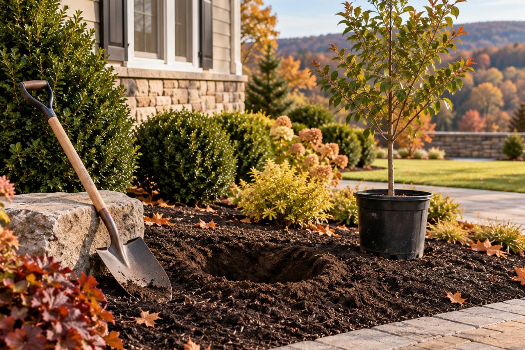 Young tree in a nursery pot beside a shovel and prepared planting hole in a Pennsylvania landscape.