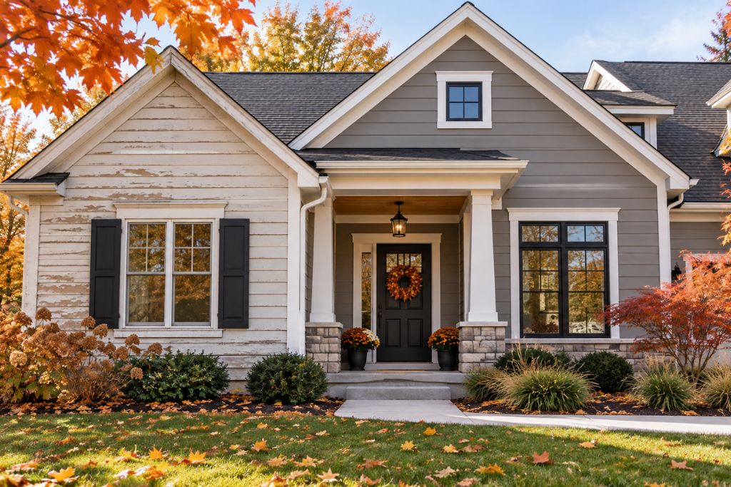 Central Ohio home exterior showing faded siding beside a freshly painted finish with fall landscaping.