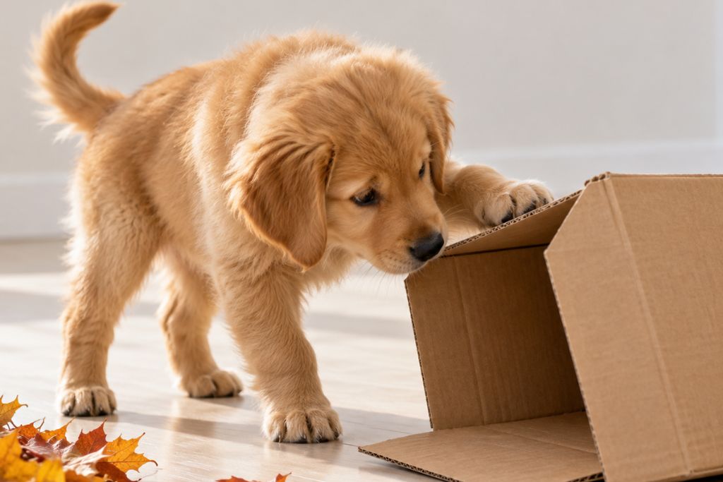Curious golden retriever puppy investigating a cardboard box beside colorful autumn leaves.