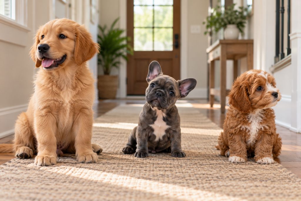 Three puppies with different personalities sitting together on a rug in a bright home.