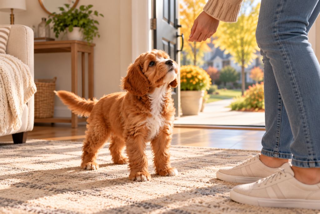 Puppy looking up attentively at its owner near an open front door.