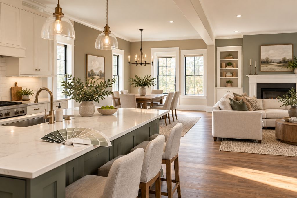 Open-concept kitchen, dining, and living room featuring coordinated neutral paint colors and a paint swatch deck.