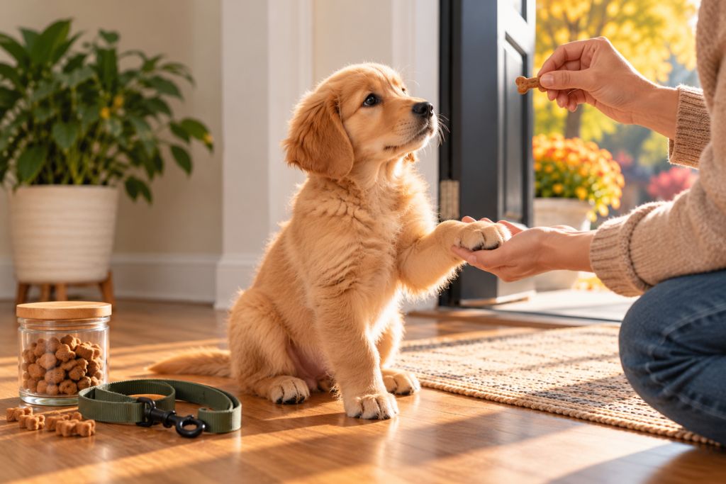 Golden Retriever puppy giving its paw during treat-based training in a warm home setting.