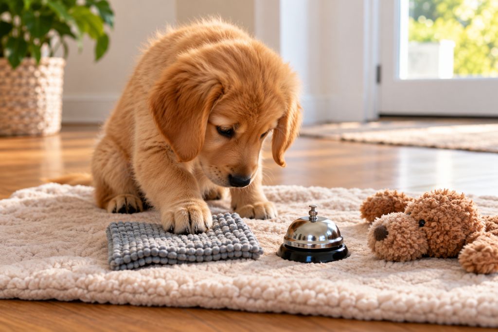 Golden Retriever puppy exploring a textured mat beside a bell and plush toy.