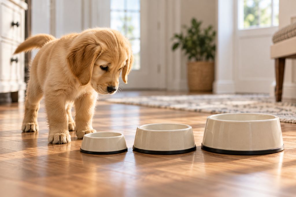Golden Retriever puppy examining three empty food bowls arranged from small to large.