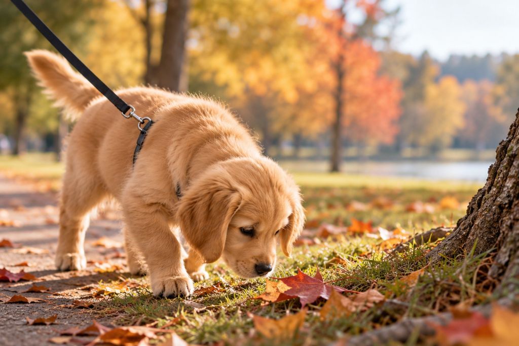 Golden Retriever puppy sniffing fallen leaves during a walk in an autumn park.