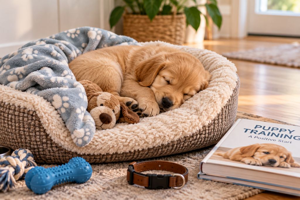 Golden Retriever puppy sleeping in a cozy bed beside a blanket, toys, collar, and puppy training book.